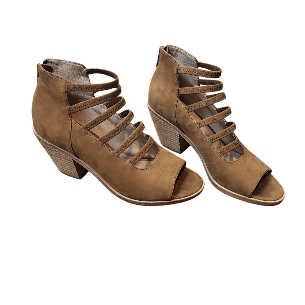 Eileen Fisher James Strappy Brown Open Toe Stacked Heel Ankle Bootie 8
